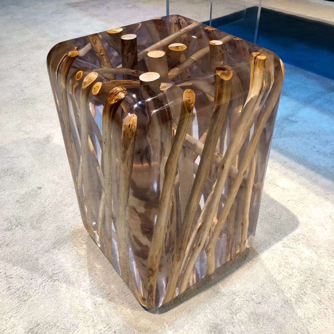 现代轻奢水晶亚克力树脂凳子树枝原木木墩展厅客厅软装摆件