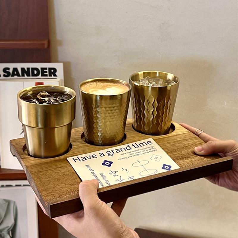 ins工业风双层不锈钢咖啡杯带孔木托盘美式浓缩咖啡杯拿铁杯套装