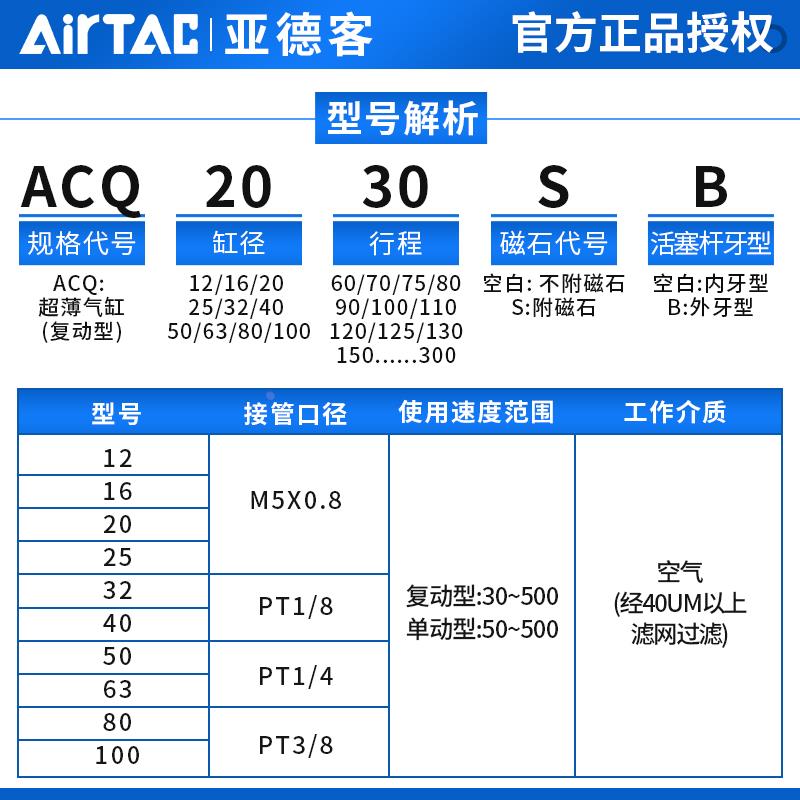原装亚德客大缸径超薄气缸大推力ACQ125X10X20X25X30X40X50-S-B
