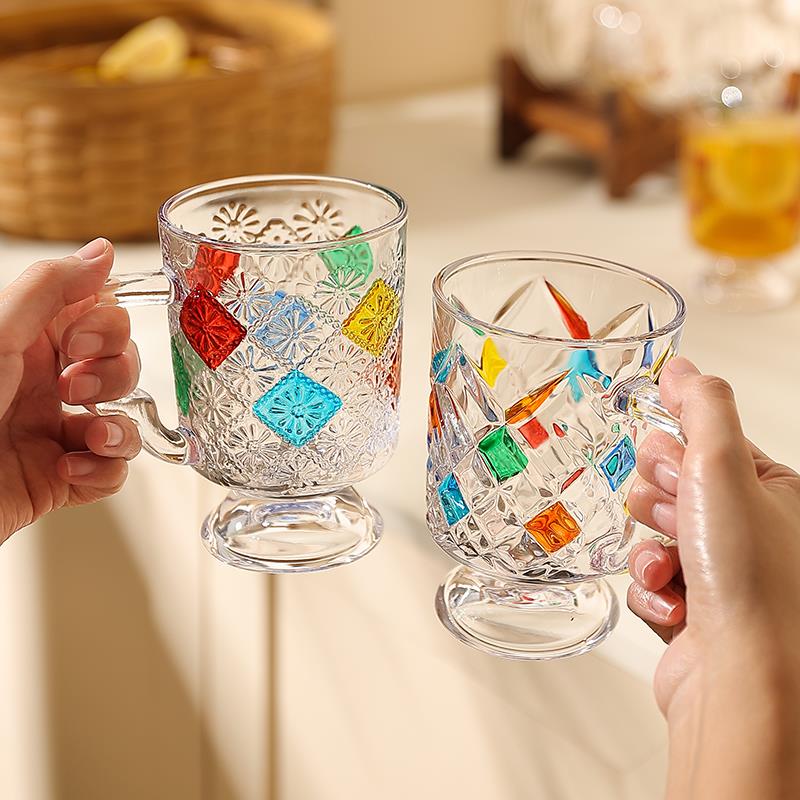 果汁杯中古玻璃杯女高颜值带把手高脚咖啡饮料杯水杯早餐牛奶杯子