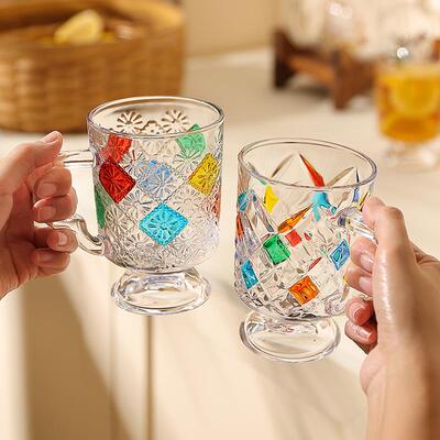 果汁杯中古玻璃杯女高颜值带把手高脚咖啡饮料杯水杯早餐牛奶杯子