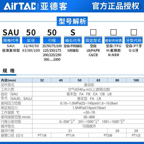 亚德客气动标准气缸大推力SAU40X25X40X50X80X100X125X300X250-S