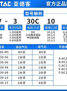 正品亚德客4V330C/E/P-10/08A/B DC24V/AC220V三位五通中封电磁阀