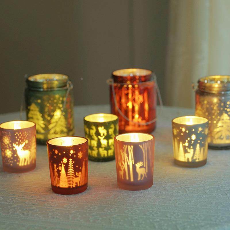 圣诞节装饰摆件麋鹿森林蜡烛杯圣诞树玻璃罐手提烛台餐厅烛光晚餐