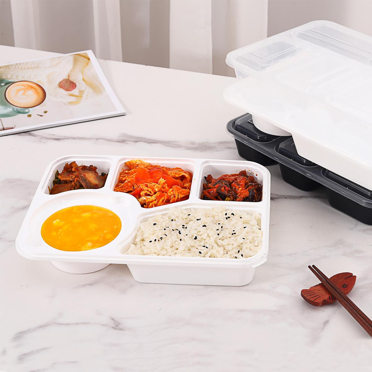 锁扣四格一次性餐盒快餐盒白色外卖分格打包盒黑色五格便当盒饭盒