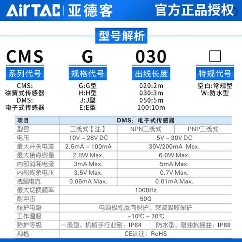 亚德客气缸感应器磁性接近开关二线DMSG CMSG CMSJ CMSH DMSH-020