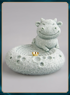 桌面摆件造景家居创意鱼缸十二生肖国风茶室砂石插青牛香装饰茶盘