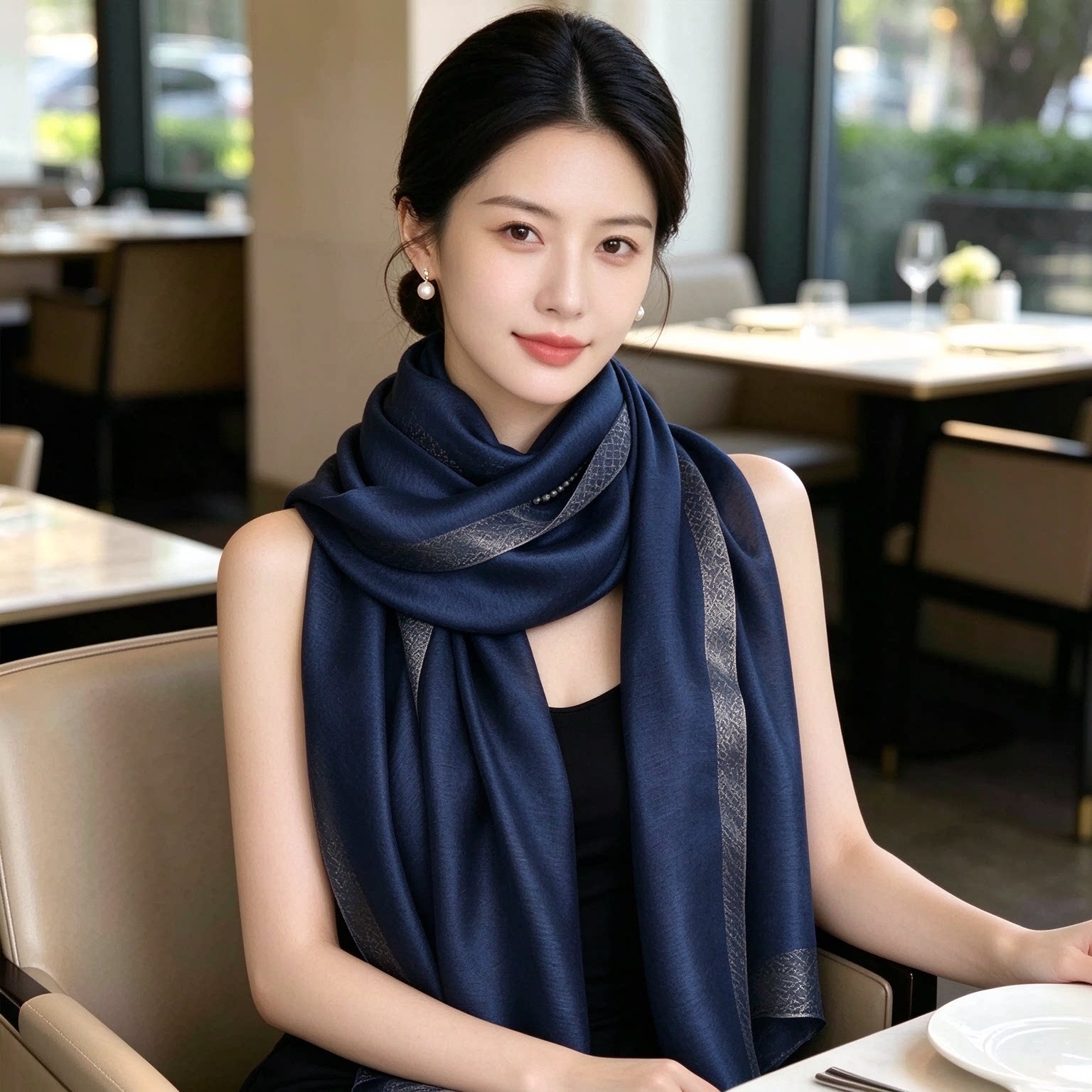 真丝桑蚕丝丝巾女长款深蓝色防晒披肩高档送礼围巾