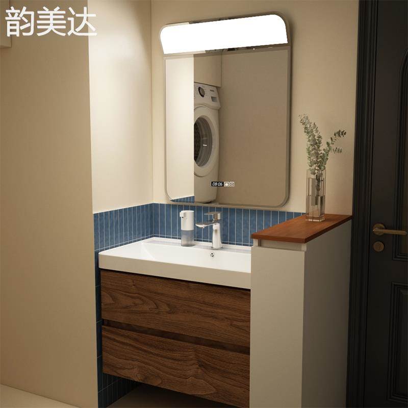 韵美达中古风浴室 柜 组合卫生间洗漱台陶瓷一体盆黑胡桃色洗手池小户型60