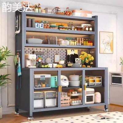 韵美达厨房置物  架  烤箱电饭锅碗筷橱  柜  收纳  柜  移动加厚铁艺餐边  柜  落地带轮床笠垫