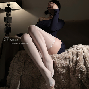 白色油光无边大腿袜半截过膝黑丝长筒袜纯欲复古油亮光滑丝袜女夏