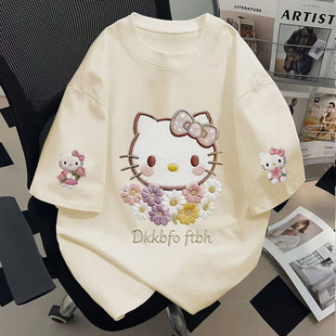 纯棉短袖t恤卡通Kitty猫仿刺绣上衣校园百搭少女感可爱风夏季新款