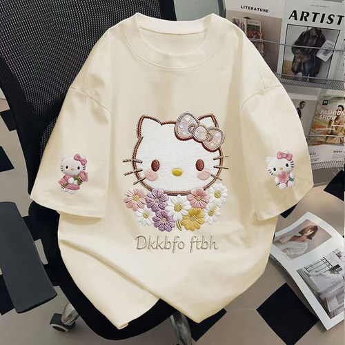 纯棉短袖t恤卡通Kitty猫仿刺绣上衣校园百搭少女感可爱风夏季新款