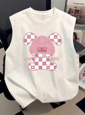 美式夏季纯棉ins潮牌时尚格子兔子印花背心情侣装白色无袖T恤上衣