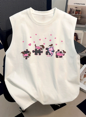 纯棉白色背心T恤夏季新款爆款创意ins百搭拼图狗狗印花无袖上衣潮