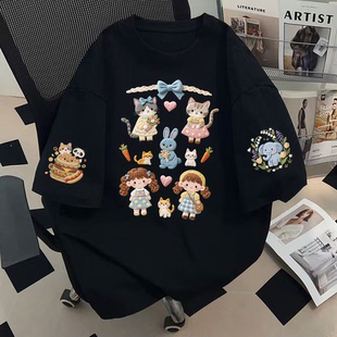 港味chic复古风纯棉短袖 ins潮仿刺绣猫咪小个子百搭上衣 t恤女夏季