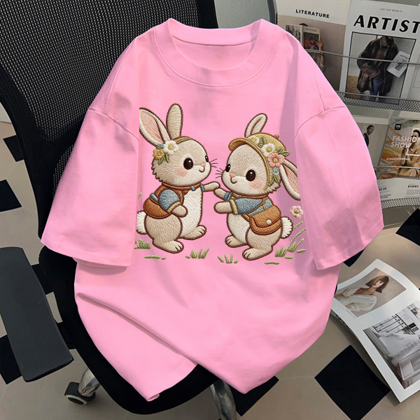 粉色短袖t恤萌兔相伴新款夏季宽松纯棉美式圆领半袖oversize上衣,女装/女士精品,T恤,淘宝优惠券,粉丝福利购,淘宝优惠卷