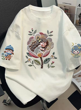 2025新款仿刺绣沉睡女孩印花短袖T恤夏季宽松显瘦百搭中长款上衣