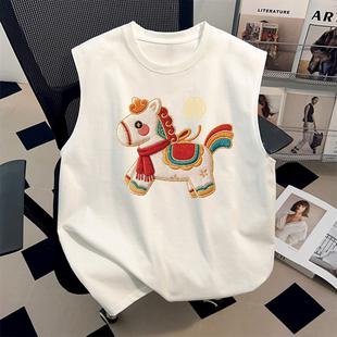 美式潮牌瑞马纳福印花纯棉T恤夏季情侣装无袖上衣凉感白色背心ins