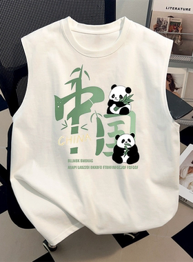 美式潮牌纯棉熊猫竹子T恤夏季情侣无袖上衣凉感潮流印花白色背心