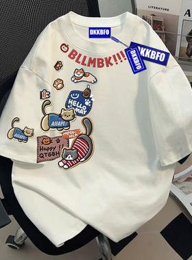 FTBHFIN可爱印花小猫印花T恤ins白色100%棉舒适感上衣男女款短袖