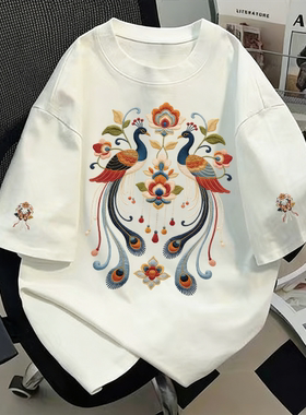 白色纯棉彩雀呈祥印花短袖t恤女2026新款夏季宽松半袖设计感上衣