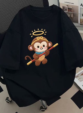 黑色卡通猴子短袖女t恤2025爆款仿刺绣夏季纯棉宽松半袖上衣体恤