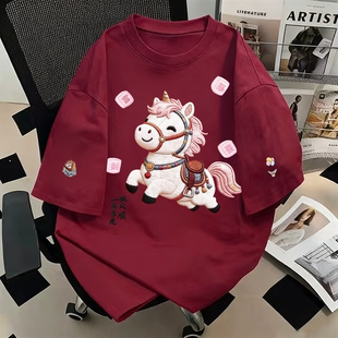 纯棉仿刺绣吉马衔福短袖t恤新款爆款夏季美式复古ins宽松半袖上衣