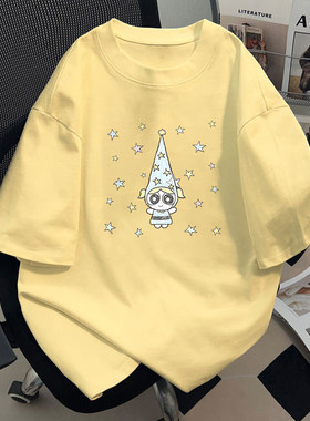 美式卡通星星魔法帽女孩印花T恤情侣款宽松透气纯棉百搭短袖上衣