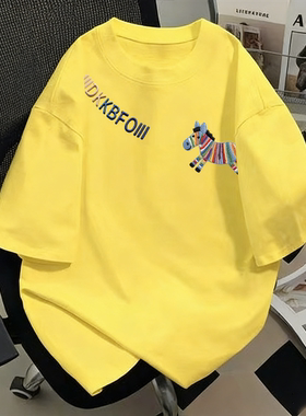 纯棉黄色短袖t恤夏2026新款宽松彩纹小马印花宽松oversize上衣潮