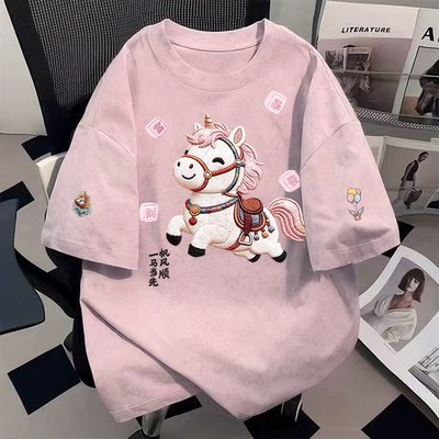 纯棉爆款宽松显瘦甜酷风夏季扎染短袖情侣t恤圆领吉马衔福上衣服