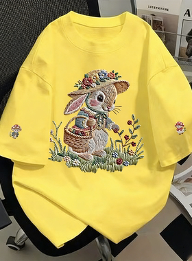 纯棉黄色短袖t恤新款爆款花帽兔子夏季宽松设计感小众半袖上衣ins