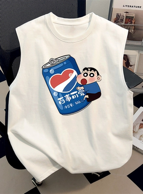 潮牌夏季卡通蜡笔小新背心凉感纯棉T恤美式白色时尚印花无袖上衣