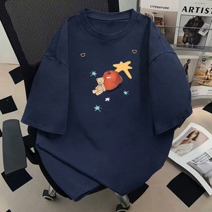 忧郁小熊上衣T恤潮牌ins时髦设计感半袖 新款 潮 t恤女夏季 纯棉短袖