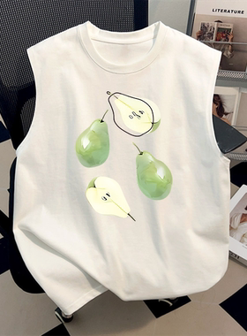 美式纯棉手绘梨T恤男女夏季潮牌ins情侣装凉感白色背心无袖上衣潮