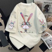 甜酷设计ins重磅纯棉白色短袖 仿刺绣呆萌兔子印花上衣 t恤女夏季