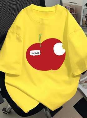 100%纯棉大红苹果印花黄色休闲上衣韩系夏多巴胺穿搭短袖t恤男女