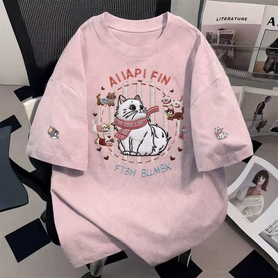 纯棉夏季扎染短袖t恤小众宽松圆领极简情侣百搭潮牌萌猫围簇上衣