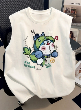 夏季潮牌背心凉感纯棉T恤美式时尚Q萌哆啦A梦印花白色无袖上衣ins