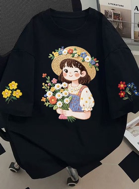 美式纯棉仿刺绣花朵草帽女孩印花短袖t恤女夏季新款宽松半袖上衣