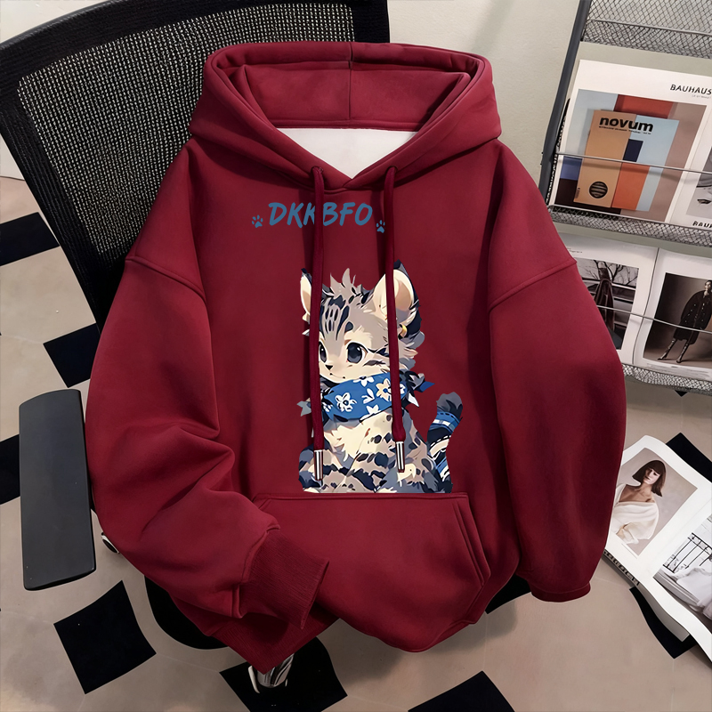 韩版ins萌系猫咪圆领卫衣女oversize慵懒风秋季薄款酒红上衣外套