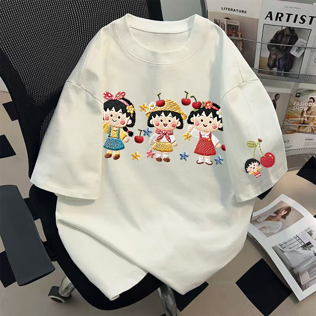 宽松2025夏季新款仿刺绣樱桃小丸子印花短袖圆领白色T恤上衣女