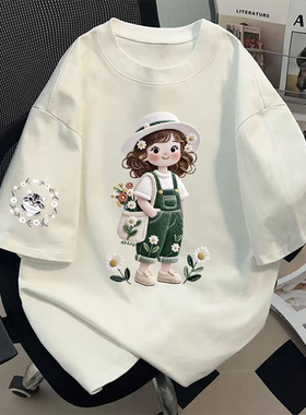 纯棉重磅潮牌背带女孩短袖t恤女夏宽松美式复古高街oversize上衣