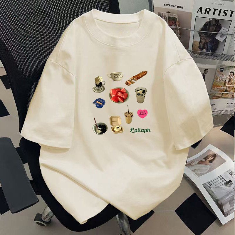 ins风甜品插画印花短袖T恤夏季新款宽松纯棉休闲风男女同款上衣