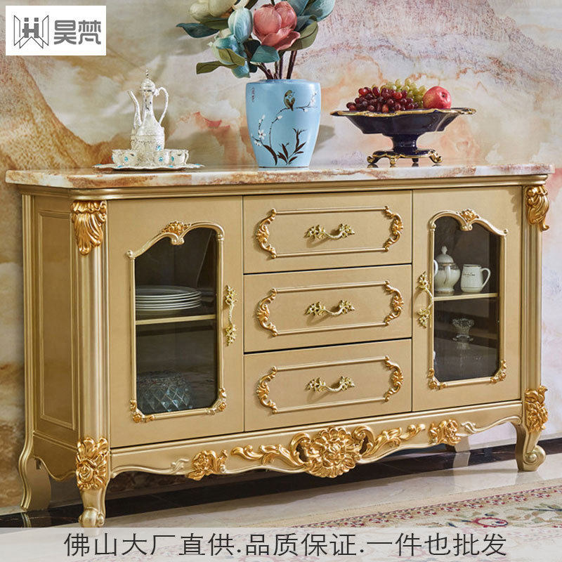 欧式大理石餐边柜香槟金实木茶水柜餐厅酒柜客厅玄关柜靠墙储物柜