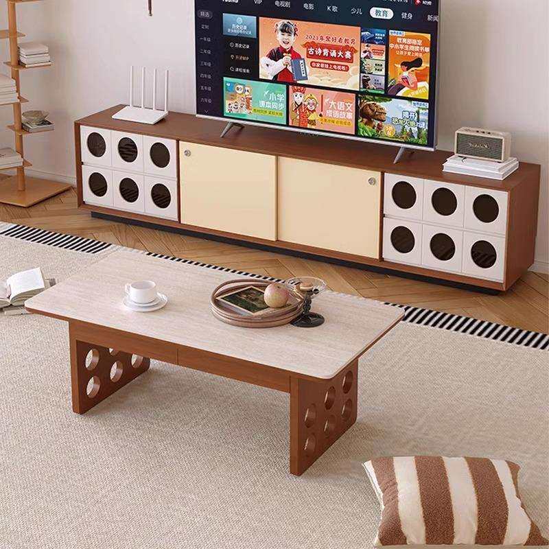 中古风洞石岩板实木茶几客厅家用小户型复古长方形茶桌茶几桌子