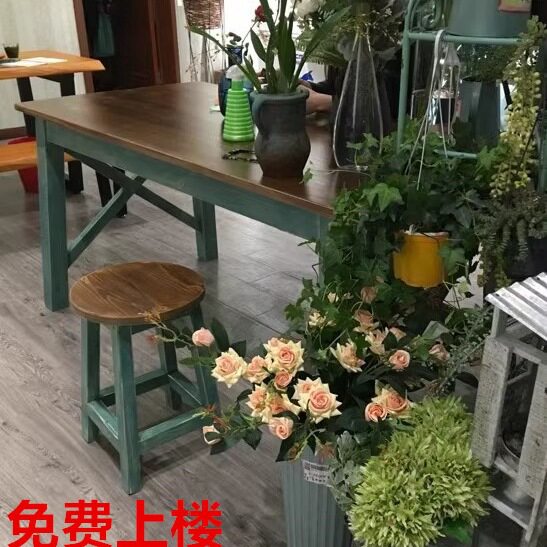 实木桌子快餐椅子组合餐饮店花店艺术包花桌工作台复古彩色餐桌L&