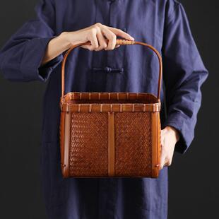 复古竹编收纳筐竹制品提篮野炊篮茶具收纳篮箩筐竹篓中式做旧提篮