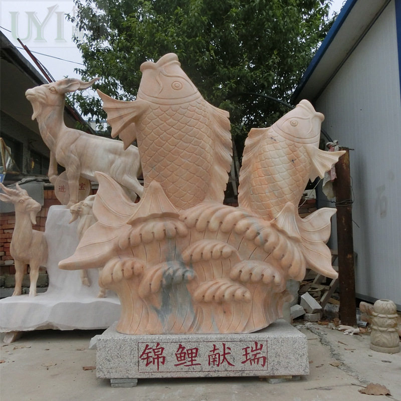 锦鲤献瑞 晚霞红大理石鲤鱼喷泉 工厂 园林酒店景观水景摆件