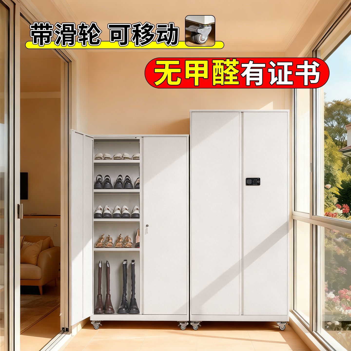 金属北欧密码锁滑轮鞋柜